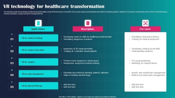 VR Technology For Healthcare Transformation Ppt Slides Shapes PDF