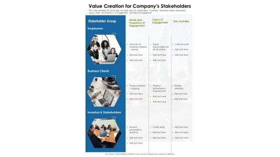 Value Creation For Companys Stakeholders One Pager Documents