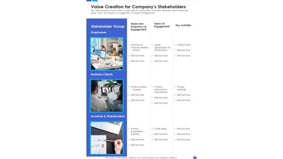 Value Creation For Companys Stakeholders Template 151 One Pager Documents