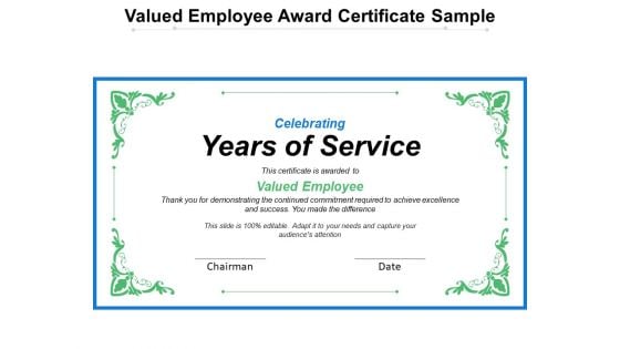 Valued Employee Award Certificate Sample Ppt PowerPoint Presentation File Master Slide