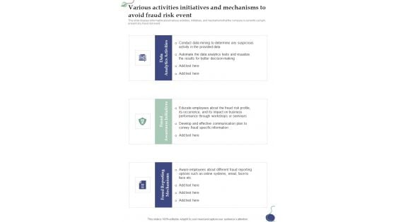 Various Activities Initiatives And Mechanisms To Avoid Fraud One Pager Sample Example Document