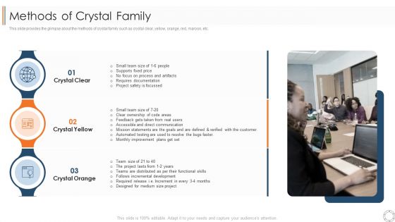 Various Agile Methodologies Methods Of Crystal Family Ppt Infographic Template Slide Download PDF
