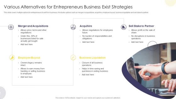 Various Alternatives For Entrepreneurs Business Exist Strategies Ppt Gallery Ideas PDF