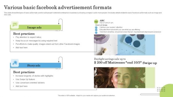 Various Basic Facebook Advertisement Formats Ppt PowerPoint Presentation File Icon PDF