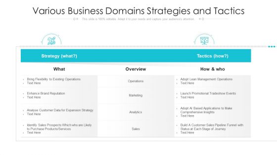 Various Business Domains Strategies And Tactics Ppt PowerPoint Presentation Inspiration Show PDF