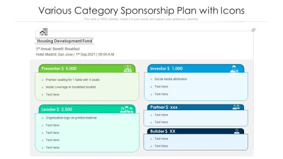 Various Category Sponsorship Plan With Icons Ppt PowerPoint Presentation Gallery Guidelines PDF