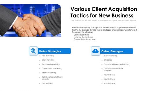 Various Client Acquisition Tactics For New Business Ppt Icon Brochure PDF