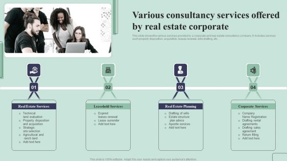 Various Consultancy Services Offered By Real Estate Corporate Ppt PowerPoint Presentation Gallery Demonstration PDF