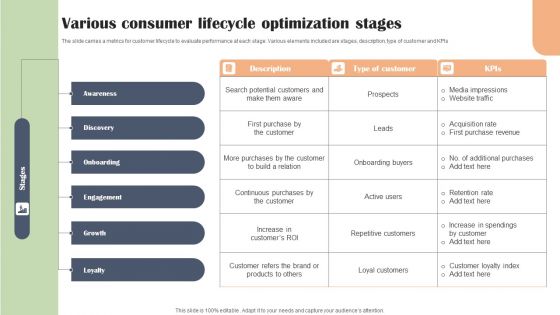 Various Consumer Lifecycle Optimization Stages Template PDF