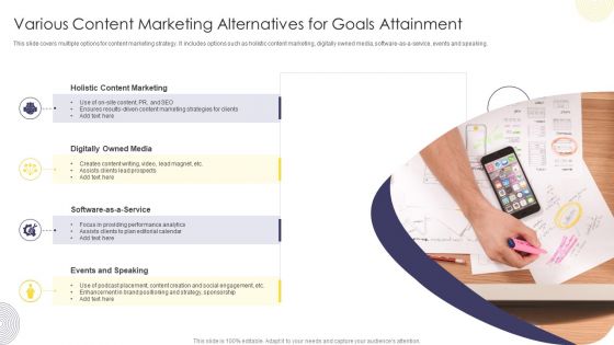 Various Content Marketing Alternatives For Goals Attainment Ppt Infographics Demonstration PDF Various Content Marketing Alternatives For Goals Attainment Ppt Infographics Demonstration PDF