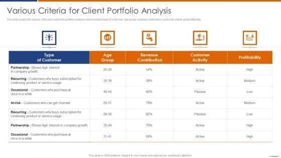 Various Criteria For Client Portfolio Analysis Clipart PDF