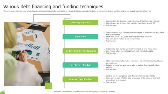 Various Debt Financing And Funding Techniques Template PDF