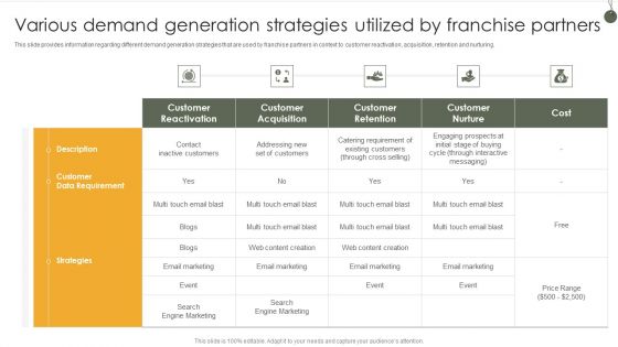 Various Demand Generation Strategies Utilized By Franchise Partners Structure PDF