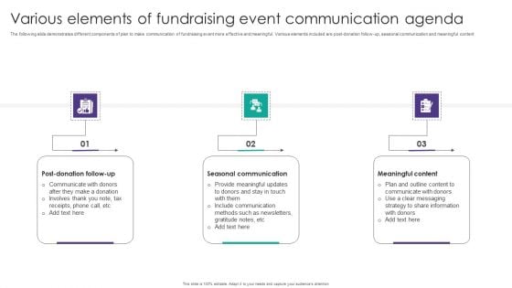 Various Elements Of Fundraising Event Communication Agenda Download PDF