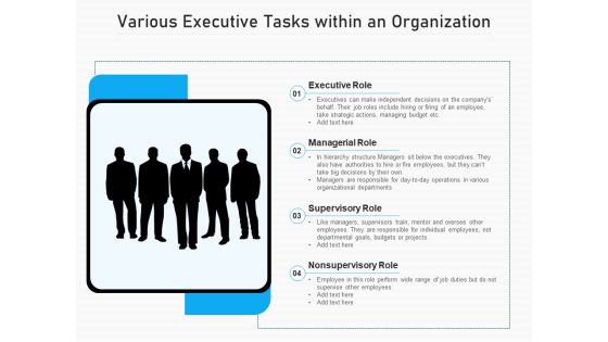 Various Executive Tasks Within An Organization Ppt PowerPoint Presentation File Graphics Pictures PDF