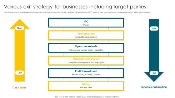 Various Exit Strategy For Businesses Including Target Parties Ppt Infographics Sample PDF