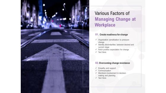 Various Factors Of Managing Change At Workplace Ppt PowerPoint Presentation Slides Slideshow