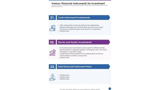 Various Financial Instruments For Investment One Pager Documents