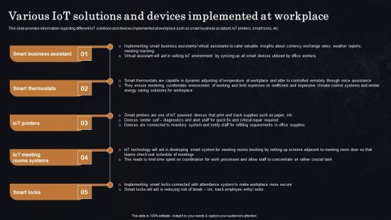 Various Iot Solutions And Devices Implemented At Workplace Ppt Graphics PDF