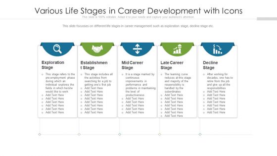 Various Life Stages In Career Development With Icons Ppt Professional Outline PDF