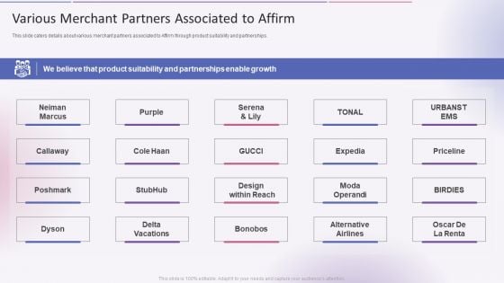 Various Merchant Partners Associated To Affirm Affirm Capital Sourcing Elevator Pitch Deck Graphics PDF Various Merchant Partners Associated To Affirm Affirm Capital Sourcing Elevator Pitch Deck Graphics PDF