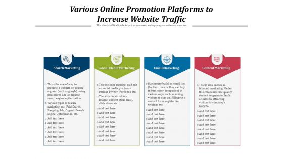 Various Online Promotion Platforms To Increase Website Traffic Ppt PowerPoint Presentation Inspiration Graphic Tips PDF