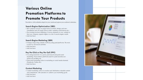 Various Online Promotion Platforms To Promote Your Products Ppt PowerPoint Presentation Gallery Example PDF Various Online Promotion Platforms To Promote Your Products Ppt PowerPoint Presentation Gallery Example PDF