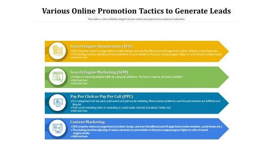 Various Online Promotion Tactics To Generate Leads Ppt PowerPoint Presentation Ideas Guide PDF