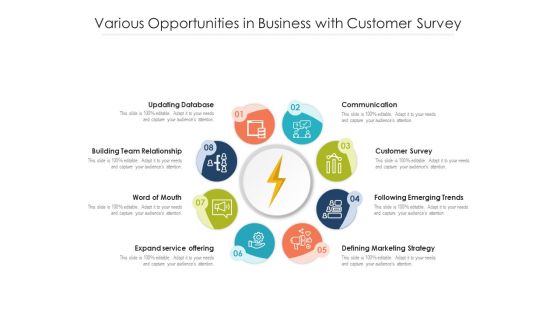 Various Opportunities In Business With Customer Survey Ppt PowerPoint Presentation File Example PDF