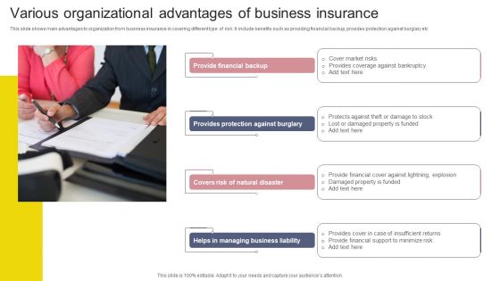 Various Organizational Advantages Of Business Insurance Portrait PDF