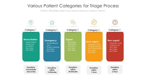 Various Patient Categories For Triage Process Ppt PowerPoint Presentation Inspiration Example Introduction PDF