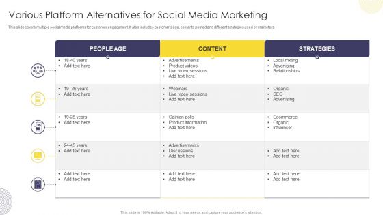 Various Platform Alternatives For Social Media Marketing Ppt Styles Graphics Pictures PDF