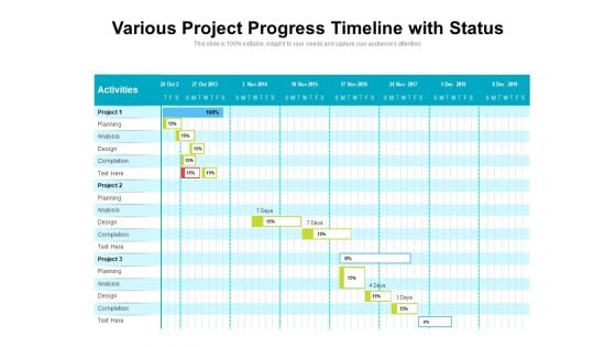 Various Project Progress Timeline With Status Ppt PowerPoint Presentation Icon Infographic Template PDF