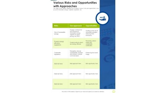 Various Risks And Opportunities With Approaches One Pager Documents