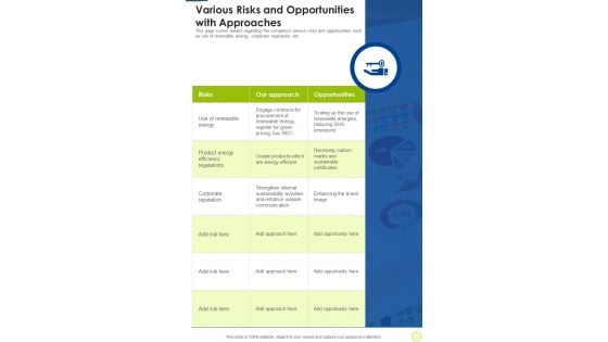 Various Risks And Opportunities With Approaches One Pager Documents Various Risks And Opportunities With Approaches One Pager Documents