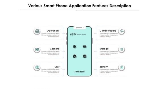 Various Smart Phone Application Features Description Ppt PowerPoint Presentation Pictures Graphic Images PDF