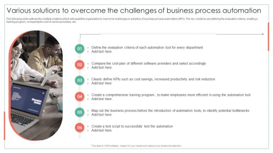 Various Solutions To Overcome The Challenges Of Business Process Automation Achieving Operational Efficiency Template PDF