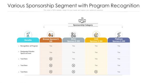 Various Sponsorship Segment With Program Recognition Ppt PowerPoint Presentation File Designs PDF
