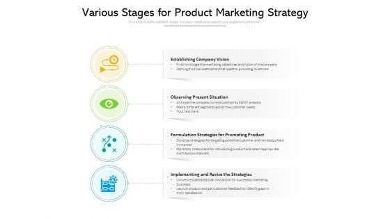 Various Stages For Product Marketing Strategy Ppt PowerPoint Presentation File Gallery PDF