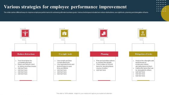Various Strategies For Employee Performance Improvement Ppt Summary Show PDF Various Strategies For Employee Performance Improvement Ppt Summary Show PDF