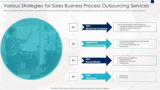 Various Strategies For Sales Business Process Outsourcing Services Portrait PDF