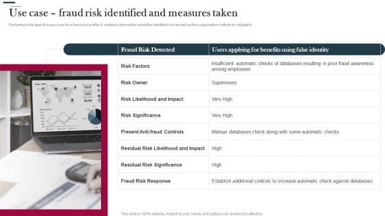 Various Strategies To Prevent Business Use Case Fraud Risk Identified And Measures Taken Summary PDF