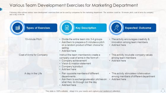 Various Team Development Exercises For Marketing Department Topics PDF