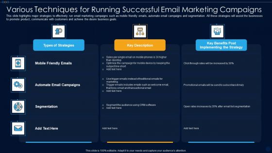 Various Techniques For Running Successful Email Marketing Campaigns Ppt PowerPoint Presentation File Graphics Pictures PDF