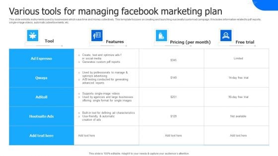 Various Tools For Managing Facebook Marketing Plan Pictures PDF