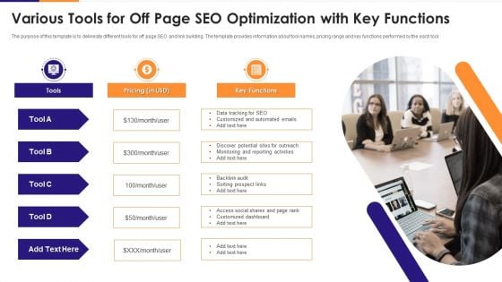 Various Tools For Off Page SEO Optimization With Key Functions Inspiration PDF