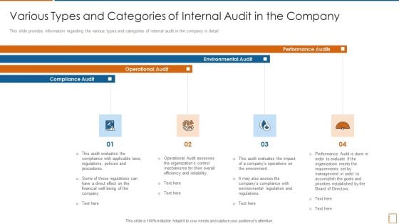 Various Types And Categories Of Internal Audit In The Company Ppt Visual Aids Show PDF