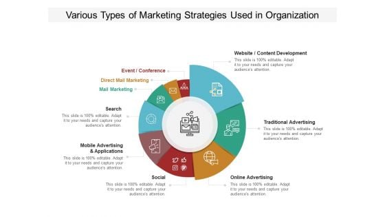 Various Types Of Marketing Strategies Used In Organization Ppt PowerPoint Presentation Model Tips PDF