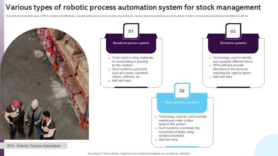 Various Types Of Robotic Process Automation System For Stock Management Information PDF