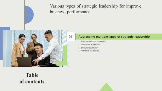 Various Types Of Strategic Leadership For Improve Business Performance Table Of Contents Clipart PDF